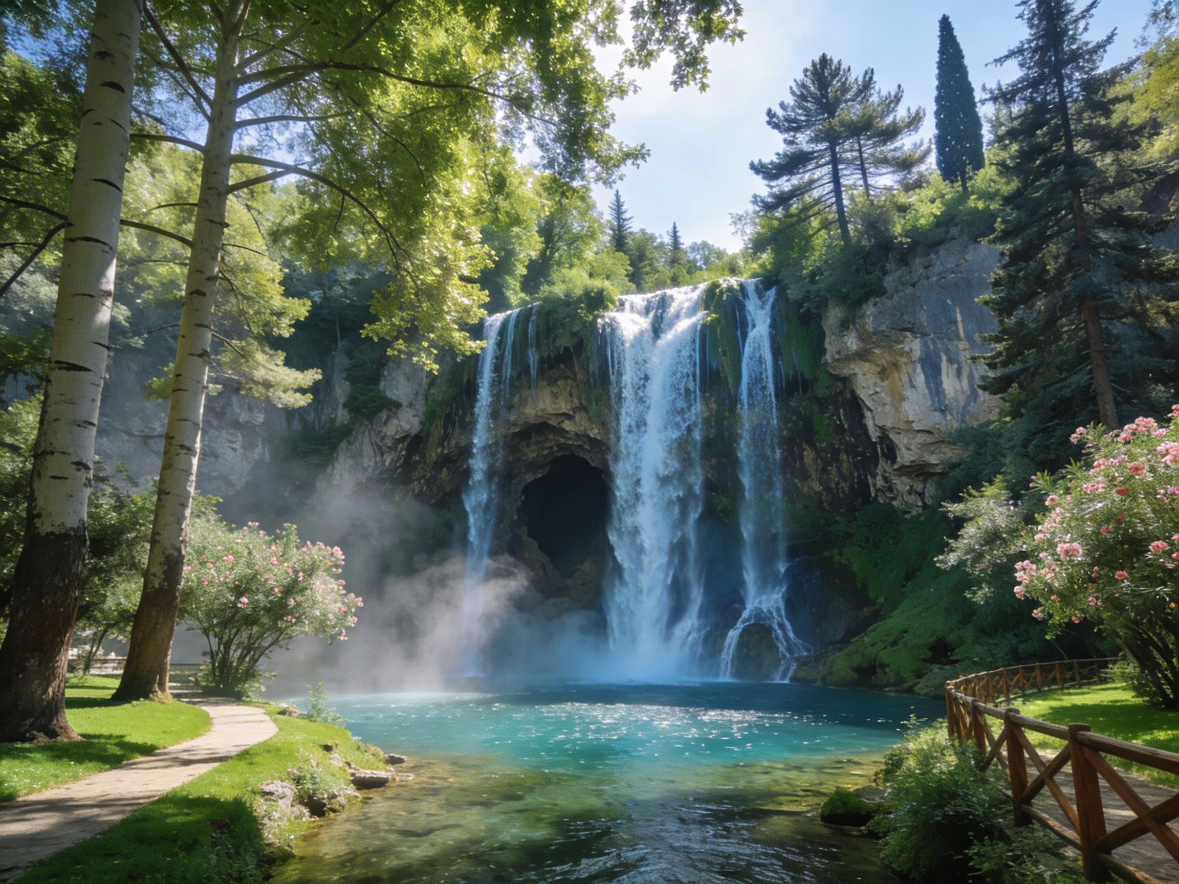 Верхний Дюден: водопад в зелёном парке с пещерой за водяной стеной