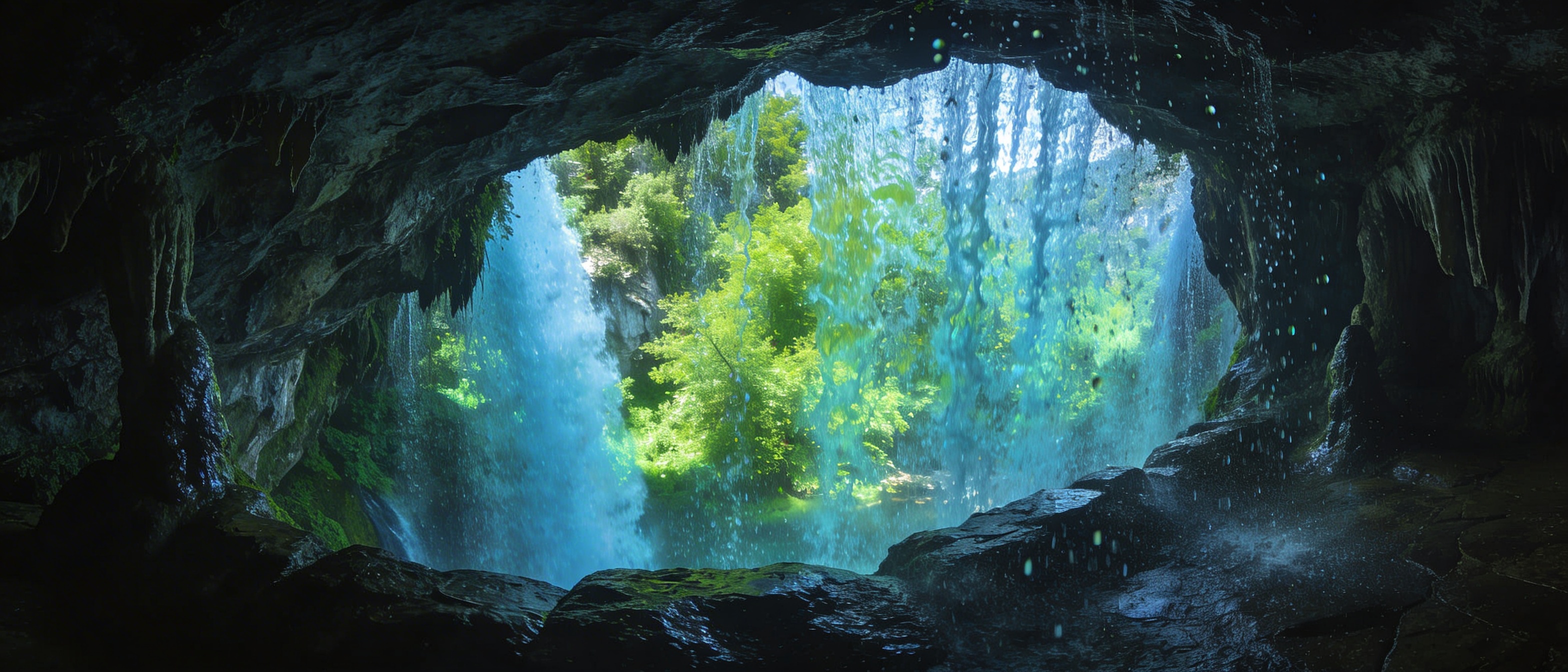Пещера за водопадом Верхний Дюден: вид изнутри сквозь стену воды