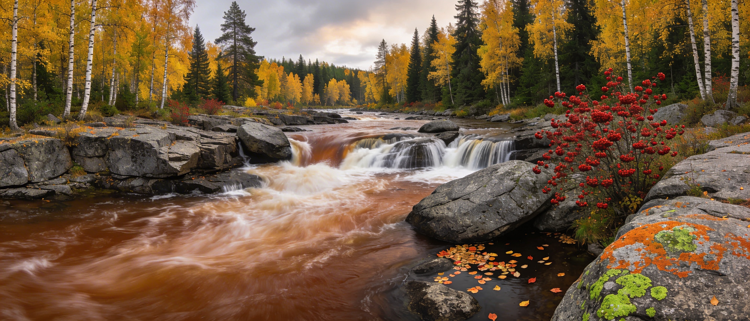 Карельская река осенью: рыжая вода, пороги и золотые берёзы