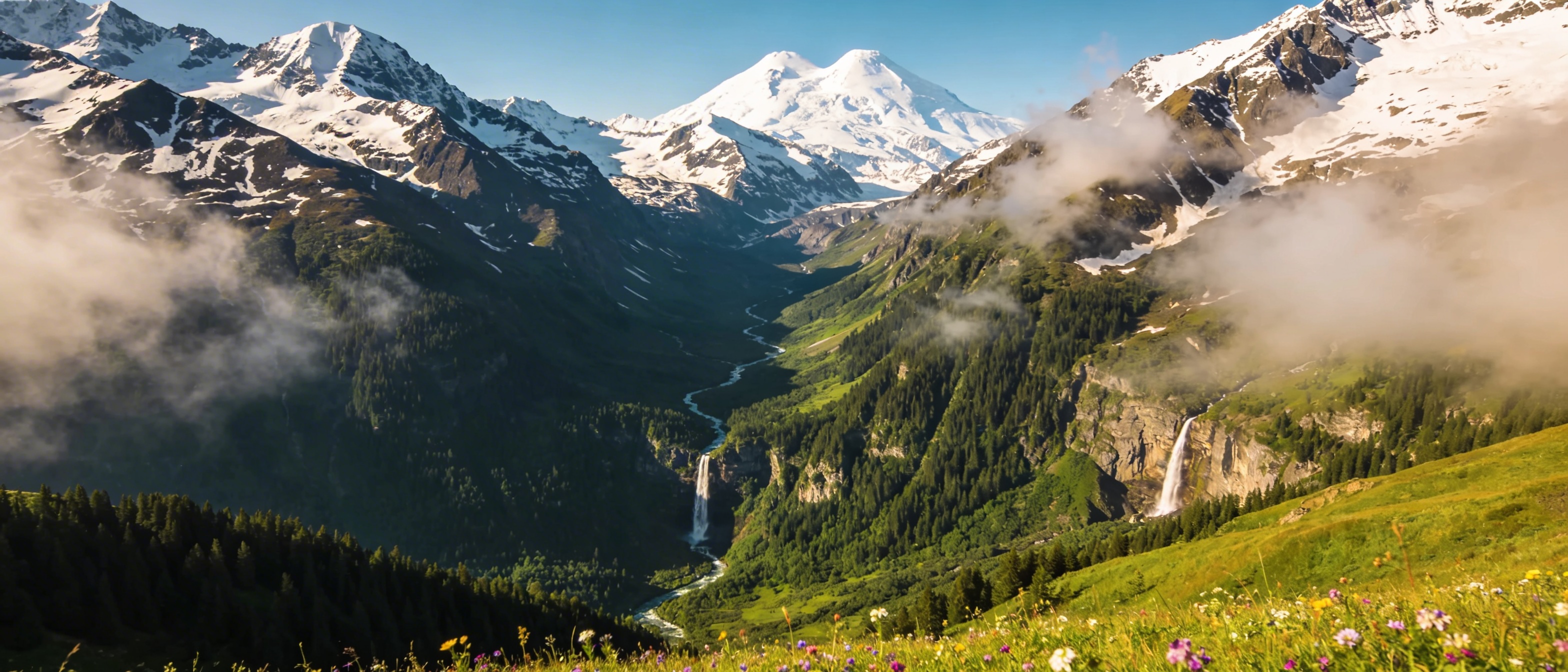 Горный пейзаж Кабардино-Балкарии с заснеженными вершинами Кавказа
