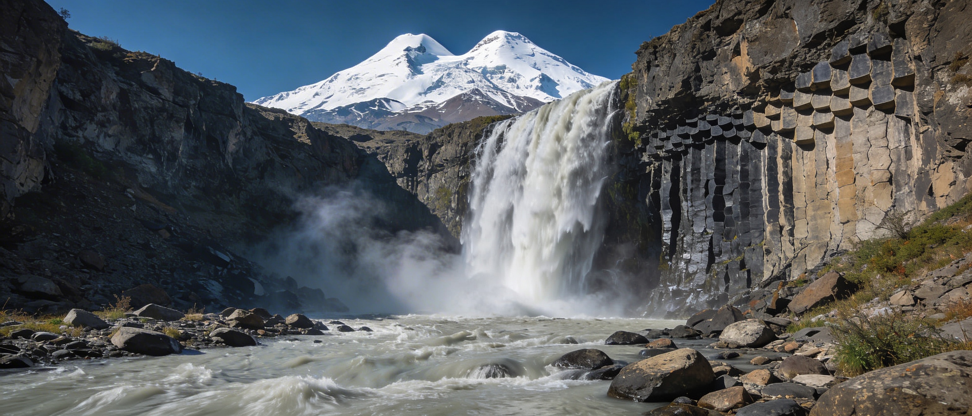 Водопад Султан в урочище Джилы-Су на фоне Эльбруса
