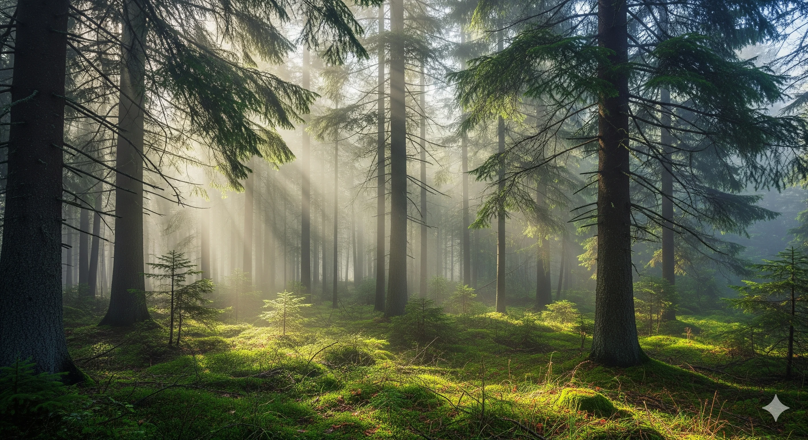 Густая сибирская тайга в утреннем тумане, высокие кедры и ели, покрытая мхом земля, мистическая атмосфера без людей.