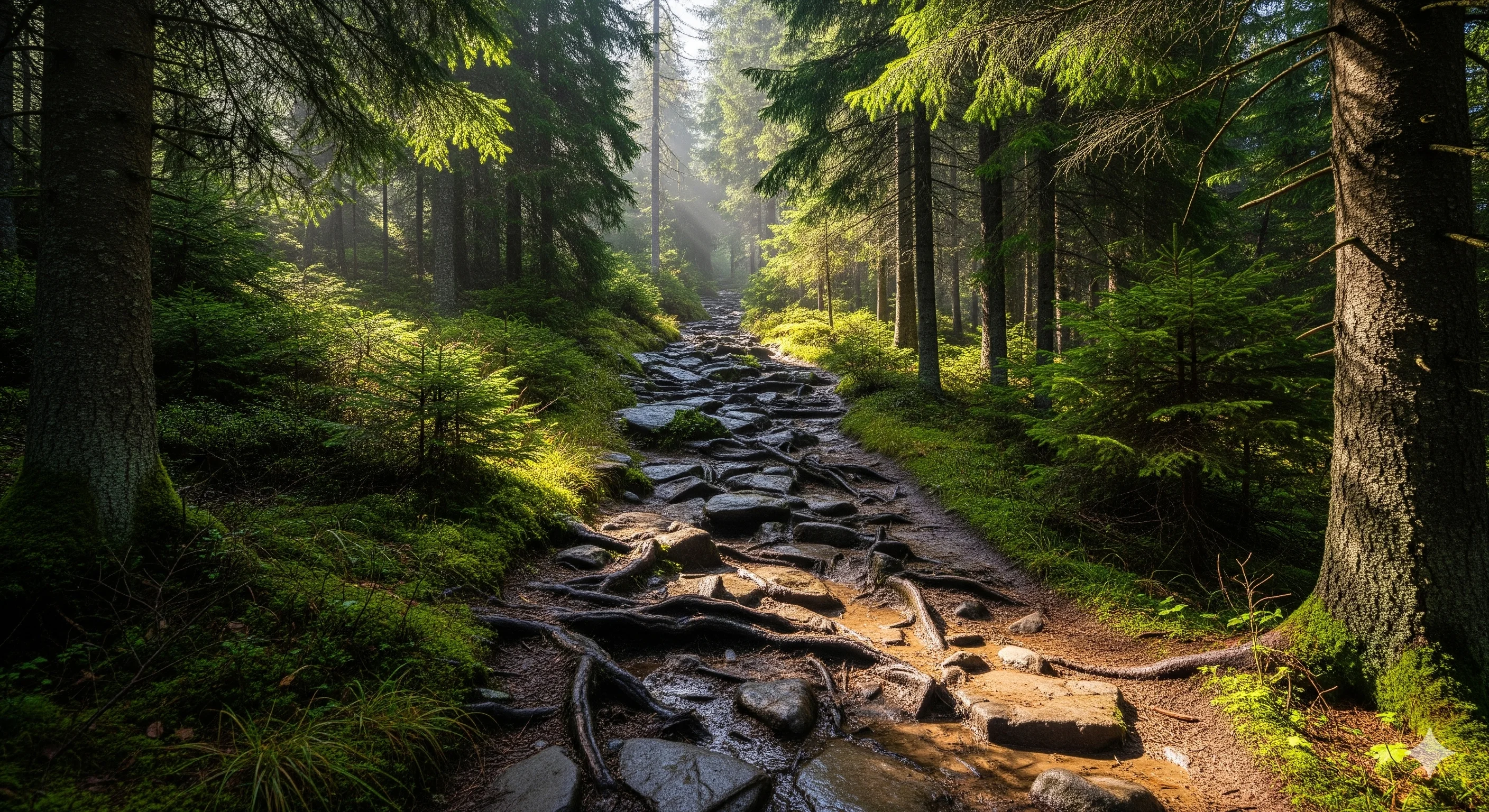 Извилистая грязная туристическая тропа, поднимающаяся вверх через хвойный лес, корни деревьев пересекают путь, мокрые камни, без людей.