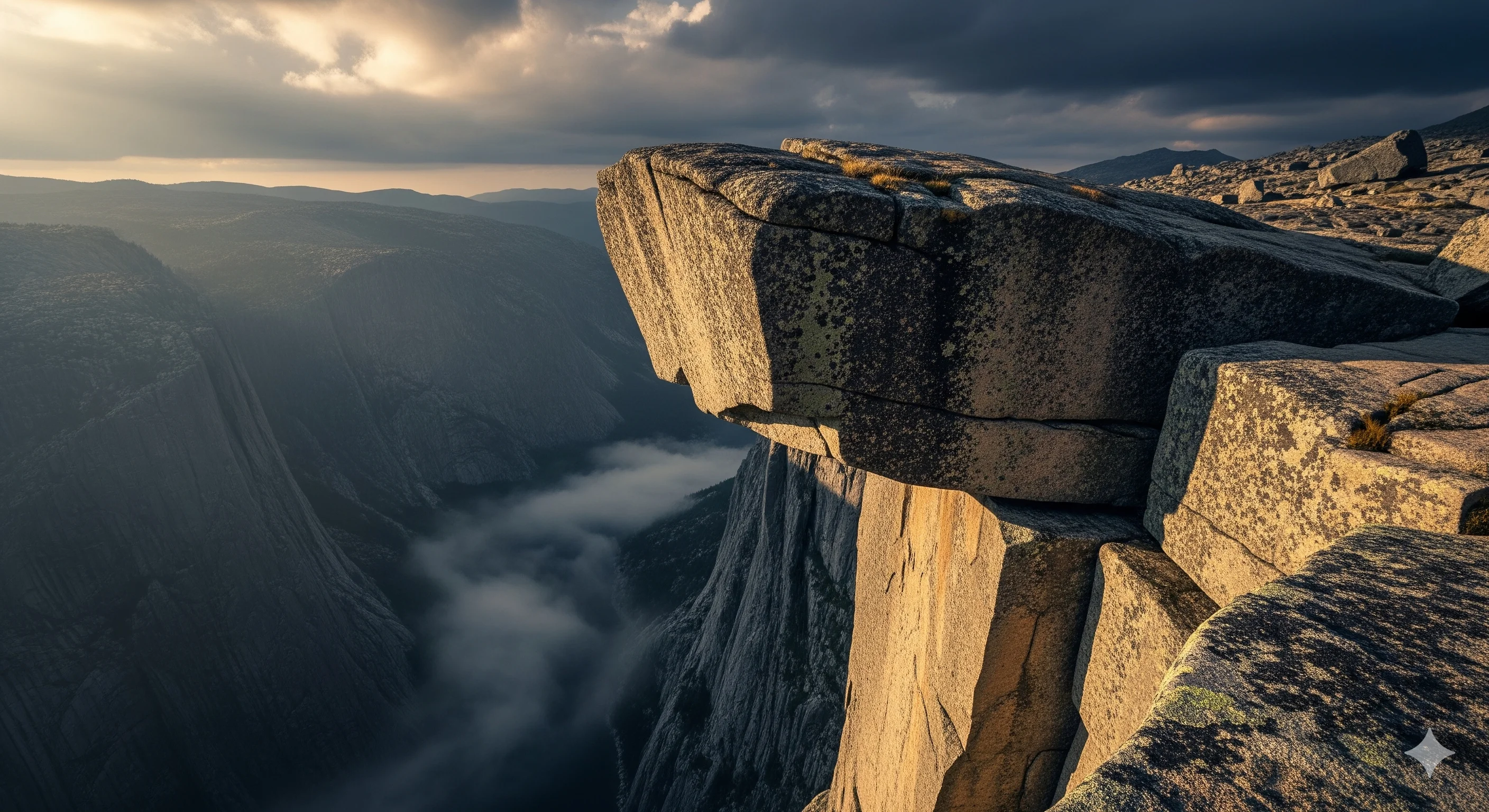 Массивная гранитная глыба, известная как Висячий камень, балансирующая на самом краю отвесной скалы над пропастью, драматическое освещение, без людей.